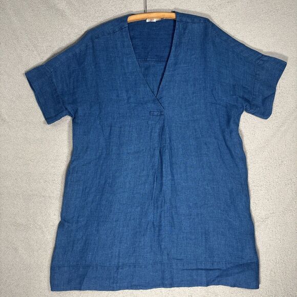 Faherty Mini Dress Women Size L Sanibel Blue Linen Indigo Woven Coastal Nautical - Picture 1 of 16